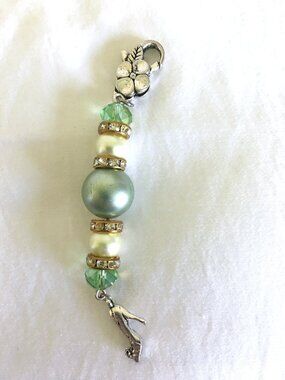Purse Charm / Keychain – Green Crystal & Pearl Beads with Silver Shoe Charm